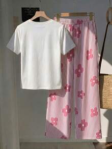 SHEIN EZwear 两件套：刺绣圆领短袖上衣和条纹印花长裤，休闲款 - 粉色 - 查看 2