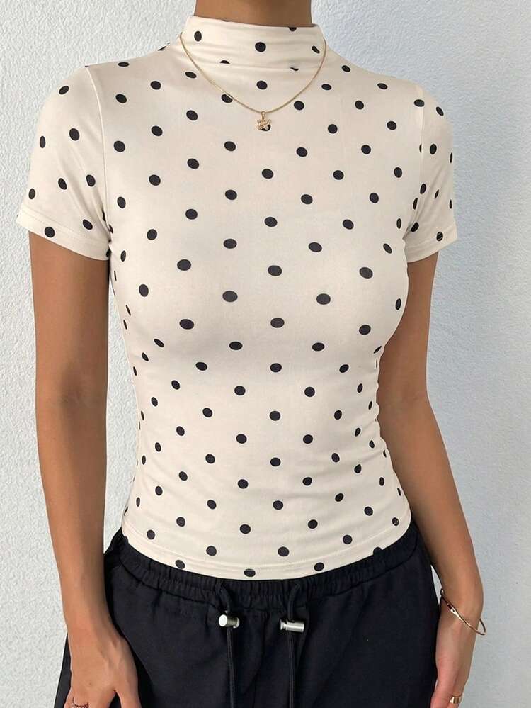 Women's Elegant Polka Dot Print Turtleneck Fitted T-Shirt, Suitable For Daily Wear And Commuting