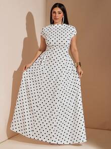 SHEIN BAE CURVE Plus Size Women's Black And White Cap Sleeve Waist Cinched Elegant 1960s 90s 1950s Vintage 1920s 70's Dress High Neck Maxi Brunch Party Wedding Guest - Black and White - View 5