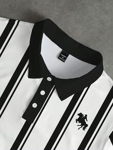Manfinity Hypemode Men's Casual Classic Black & White Striped Horse Graphic Polo Shirt, Suitable For Leisure, Daily Commute - Multicolor - View 4