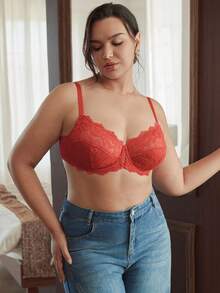 Slumbrini Sujetador de encaje rojo de talla grande, sujetador sin relleno de cobertura completa y cómodo con diseño de lazo hueco delantero - Rojo - Ver 7