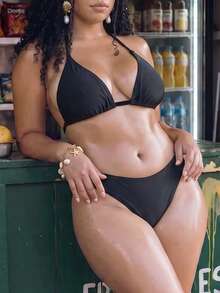 Swim Vcay Plus Size Women's Summer White Bikini Set, Kawaii Classic Halter Neck Triangle Cup Tie-Up Swimwear, Holiday Beach Pool Party Double Fabric - Black - View 4