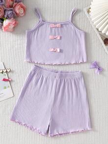 Bộ đồ mặc nhà 1 set cho bé gái mùa hè, áo dây quai nơ họa tiết hoạt hình trái tim và anh đào đơn giản thời trang thoải mái tinh nghịch kèm quần short - Hồng - Xem 1