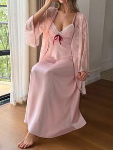 Livesso 女士蕾丝拼接吊带连衣裙和外套休闲家居服套装 - 粉色 - 查看 6