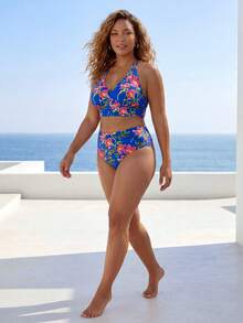 ELLERISSA Plus Size Blue Floral Print High Waist Cross Strap Back Bikini Set - Blue - View 4