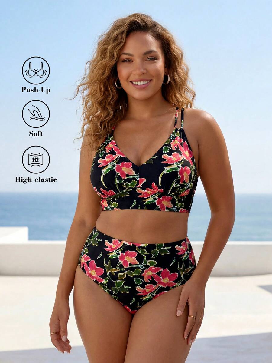 ELLERISSA Plus Size Multicolor Floral Print High Waist Cross Strap Back Bikini Set - Multicolor - View 1