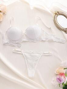 DelicateAllure Pink Women's Underwear Set, Bra With Underwire & Lace Thong Panty - White - View 4