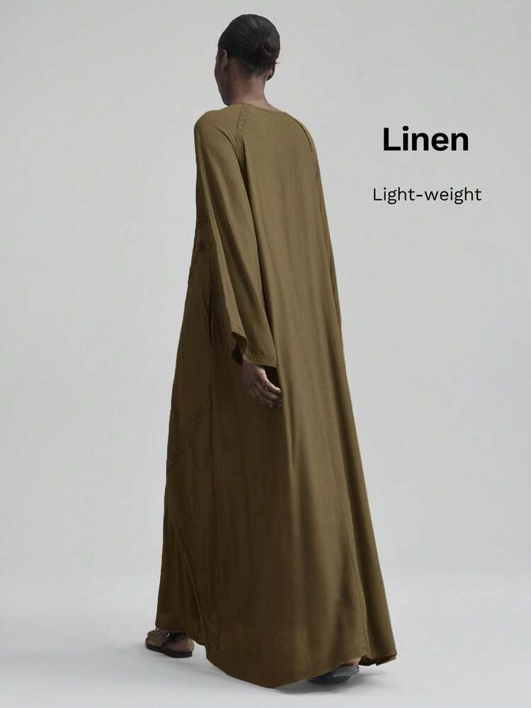2026SS New V-Neck Raglan Sleeve Dress, Bestselling Solid Military Green Dress, Minimalist Boho Casual, Dress, Bohemian Autumn Dress, Elegant Comfortable, Loose Fit, Suitable For Holiday , Women's Outerwear, Embroidery Design, Fashionable Versatile Long Dress Tea Party Olive Green