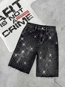 SHEIN 青少年男孩時尚返校街頭風混搭百搭設計 Y2K 復古酷炫閃亮十字水鑽設計黑色寬鬆牛仔短褲 兒童男孩柔軟日常穿搭 秋季或冬季返校返校派對狂歡節海灘街頭風校園水鑽短褲閃亮牛仔短褲 - 黑色 - 查看 1