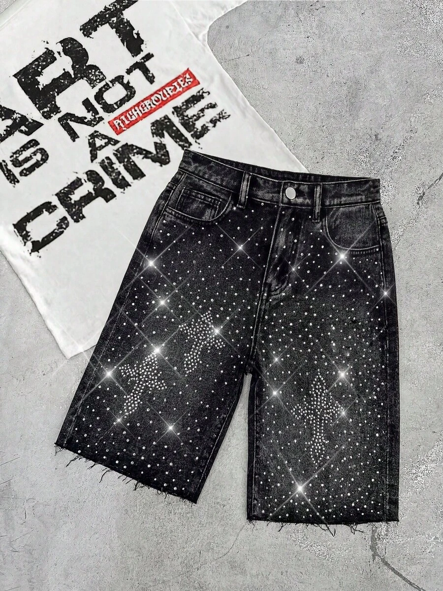 SHEIN 青少年男孩時尚返校街頭風混搭百搭設計 Y2K 復古酷炫閃亮十字水鑽設計黑色寬鬆牛仔短褲 兒童男孩柔軟日常穿搭 秋季或冬季返校返校派對狂歡節海灘街頭風校園水鑽短褲閃亮牛仔短褲 - 黑色 - 查看 1