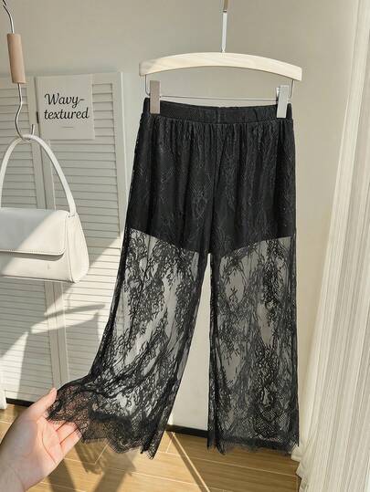 SHEIN MOD Plus Size Women's Black Lace Pants, Casual Daily Wear Wide Leg Trousers, Summer,Festival Outfit Women,Country Concert Outfit ,Country