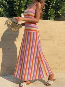 DAZY Summer Holiday Party Outfit Brown Spaghetti Strap Striped Bodycon Mid-Length Dress For Women Sundress Vacation - Orange - View 6