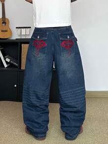 STEELVANCE Quần jeans ống đứng dáng rộng cổ điển, hiệu ứng giặt mài, thêu hình ria mèo trên túi, phong cách đường phố đa năng. - Màu xanh lam - Xem 2