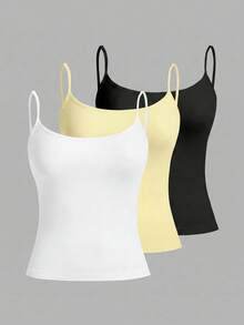 Tseoso Bộ 3 áo hai dây croptop nữ màu đen, trắng và vàng, ôm sát gợi cảm, thích hợp cho mùa hè. - Nhiều màu - Xem 8