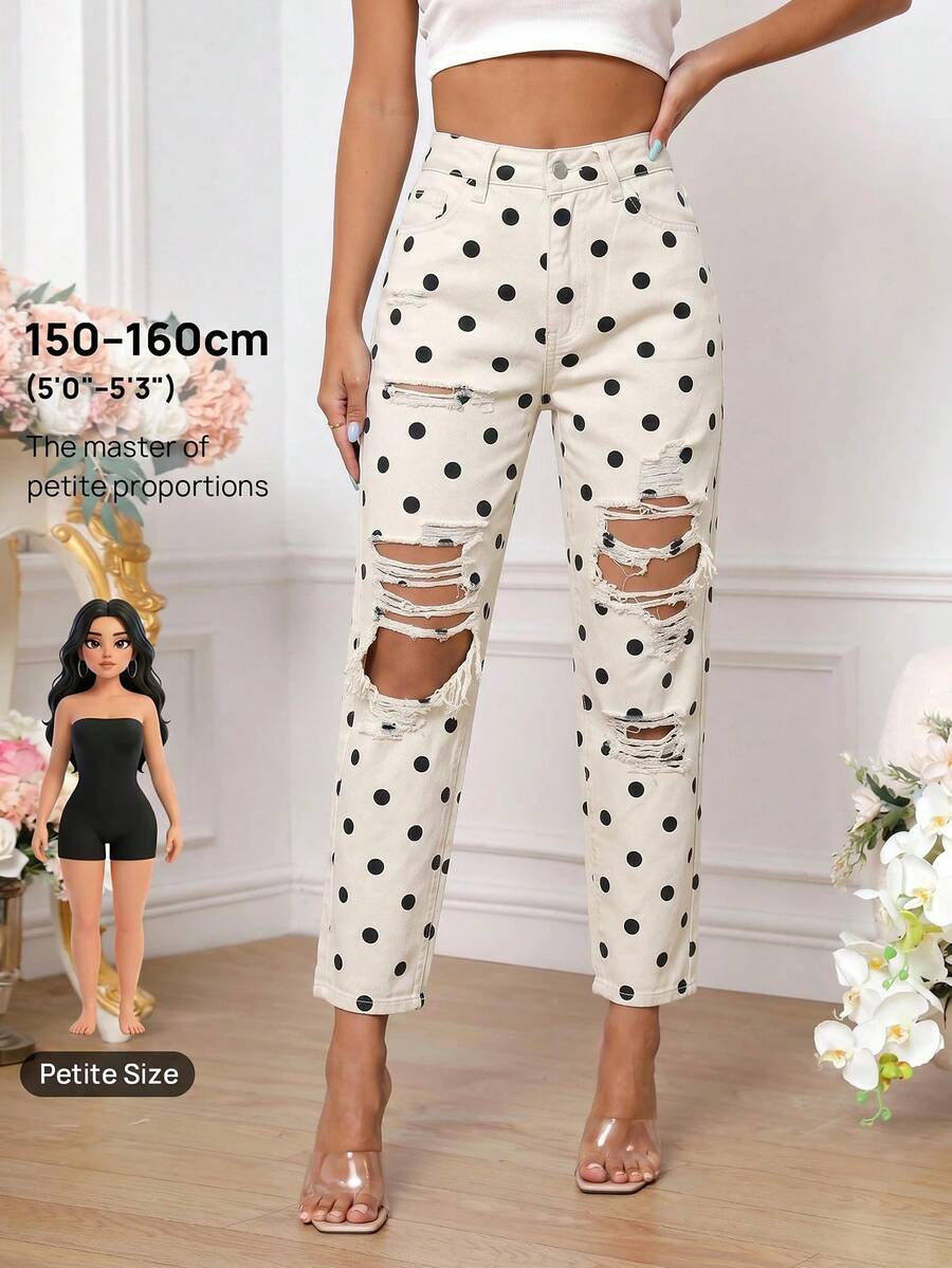 SHEIN PETITE 女士波点纽扣做旧休闲百搭日常牛仔裤 - 彩色 - 查看 1