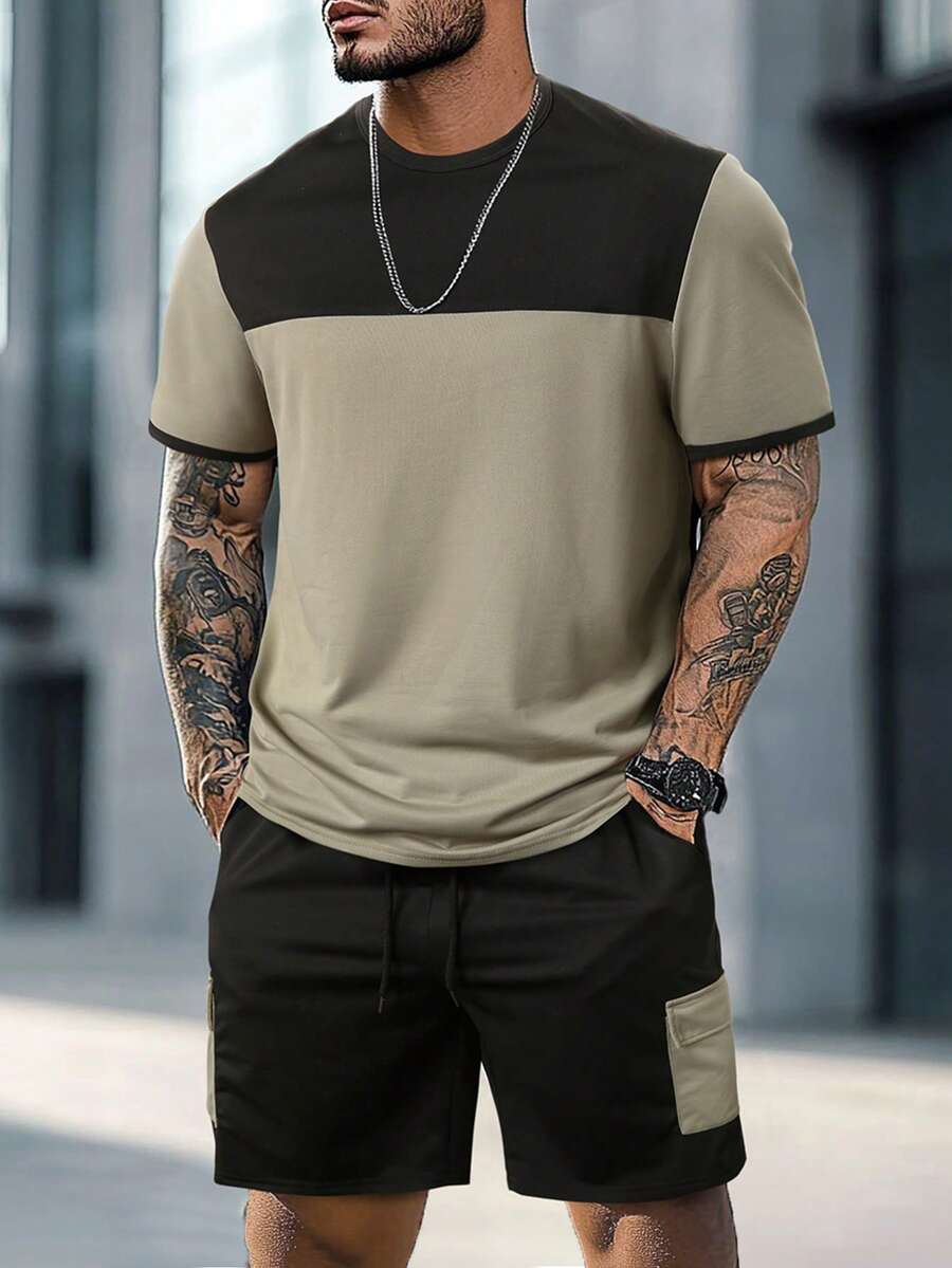 Manfinity Homme 男士撞色拼布短袖 T 恤和工装短裤套装 男士服装 男士 T 恤套装,舒适服装 - 軍綠色 - 查看 1