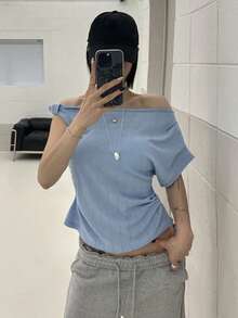 DAZY Solid Color Asymmetrical Shoulder Casual Sexy Summer T-Shirt For Women Vacation Golf Pastal School - Blue - View 5