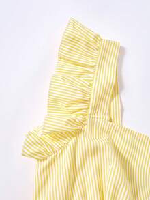 SHEIN Gaun Mini Lengan Pendek Bergaris Kuning & Putih untuk Remaja Putri, Manis & Elegan untuk Liburan Musim Semi/Panas - Kuning - View 5