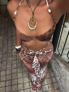 SHEIN BAE Women's Casual Vacation Spaghetti Strap Underwire Animal Print Mesh Cutout Dress, Suitable For Beach Hot Brown - Brown - View 4