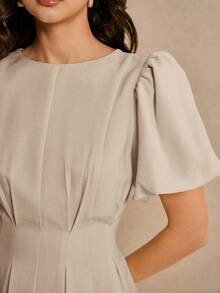 Poéselle Women's Solid Color Round Neck Petal Sleeve Elegant Dress,Dresses For Women Summer - Apricot - View 4