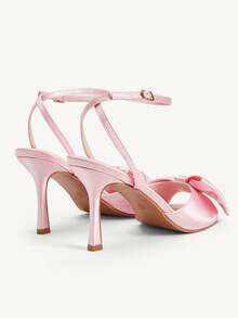 CUCCOO CHICEST Giày nữ màu hồng satin thắt nơ, kiểu dáng thời trang thanh lịch, quai ngang mắt cá chân, mũi tròn, sandal cao gót. - Màu hồng - Xem 4