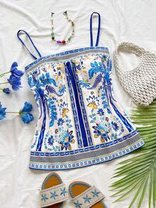 Soleia Camiseta de tirantes con estampado floral, de uso casual y versátil para el uso diario - Multicolor - Ver 3