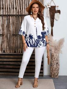 EMERY ROSE Women's Floral Print Notched Collar Casual Blouse, Spring/Summer - White - View 3