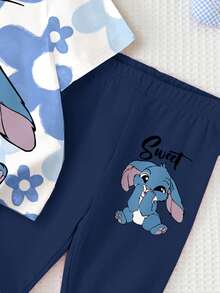 Baby Girl Summer Navy And White T-Shirt And Leggings Set,Cute Kawaii Cartoon Rabbit Lulu & Stitch Pattern,Gradient Floral Round Neck Casual Outfits - White - View 5
