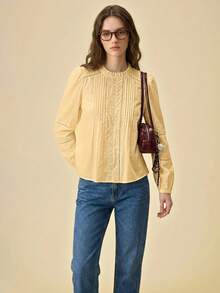 SHEIN Unity 淡黃色夏季優雅茶會圓領套頭上衣，飾有荷葉邊與蕾絲拼接設計，可愛甜美，適合辦公室與社交場合穿搭 - 黃色 - 查看 7