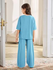 SHEIN 2pcs/Set Tween Girls Casual Loose Comfortable Round Neck Short Sleeve T-Shirt And Pants Set - Blue - View 2