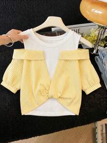 Tween Girls Striped & Solid Color 2 In 1 Shirt - Yellow - View 4