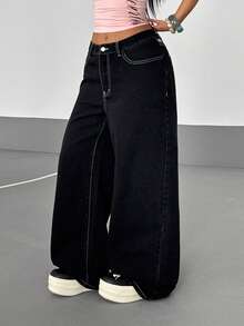 Jeanoix Plus Size Casual Cross Embroidered Wide Leg Jeans - Grey - View 4