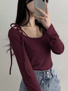 DAZY Women's Scoop Neck Twist Rib-Knit Long Sleeve 2 In 1 T-Shirt,Fall Clothes - Burgundy - View 2