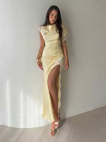 Aloruh Women's Elegant Light Yellow Dress, Sexy High Slit Lace Trim Asymmetric Short Sleeve Dress - Light Yellow - View 8