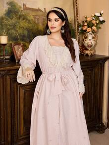 PalaceNights Conjunto de bata holgada con bordado floral vintage y vestido maxi con tirantes finos y cinturón para tallas grandes - Multicolor - Ver 1