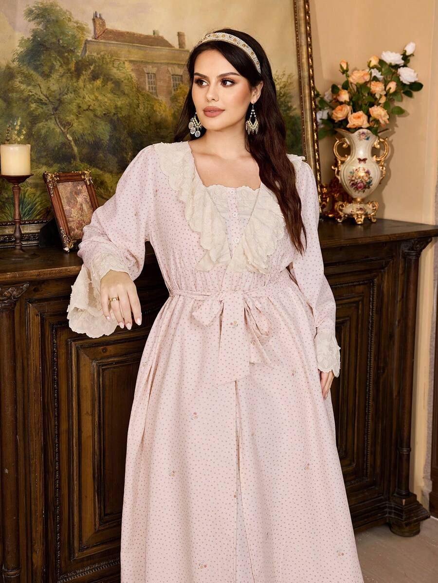 PalaceNights Conjunto de bata holgada con bordado floral vintage y vestido maxi con tirantes finos y cinturón para tallas grandes - Multicolor - Ver 1