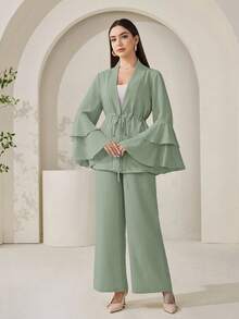 Veilorie Women's Stylish Sage Green Two-Piece Outfit With Ruffle Cuff Jacket And Wide Leg Pants - Green - View 4