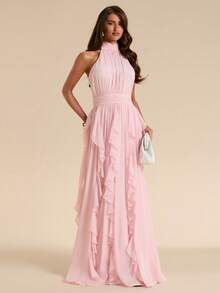 SHEIN BAE Solid Soft Pink Ruched Hem Maxi Chiffon Dress, Elegant Romantic Long For Women, Spring/Summer Mother Of The Bride Dinner - Pink - View 1
