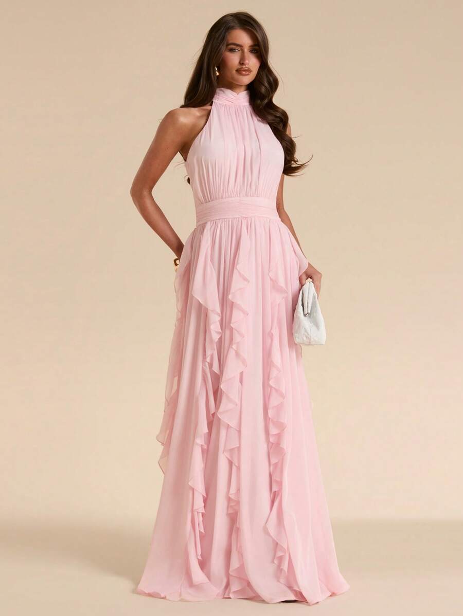 SHEIN BAE Solid Soft Pink Ruched Hem Maxi Chiffon Dress, Elegant Romantic Long For Women, Spring/Summer Mother Of The Bride Dinner - Pink - View 1