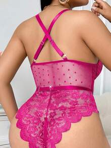 SHEIN Conjunto de 3 piezas de lencería body sexy de encaje talla grande - Rosa Fucsia - Ver 5