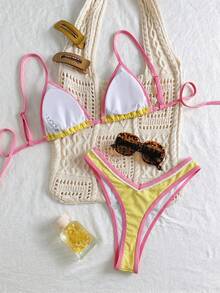 Elavelle Bộ bikini 2 mảnh mùa hè dành cho nữ, họa tiết hoa ngẫu nhiên, dây mảnh, viền bèo nhún. - Nhiều màu - Xem 3