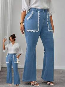 EMERY ROSE Summer Casual Elegant Chic Distressed Wide Leg Light Blue Lace Trim Flare Stretch Denim Daily Wear Going Out Plus Size Women's Elegant Stretch Jeans - Light Wash - View 1