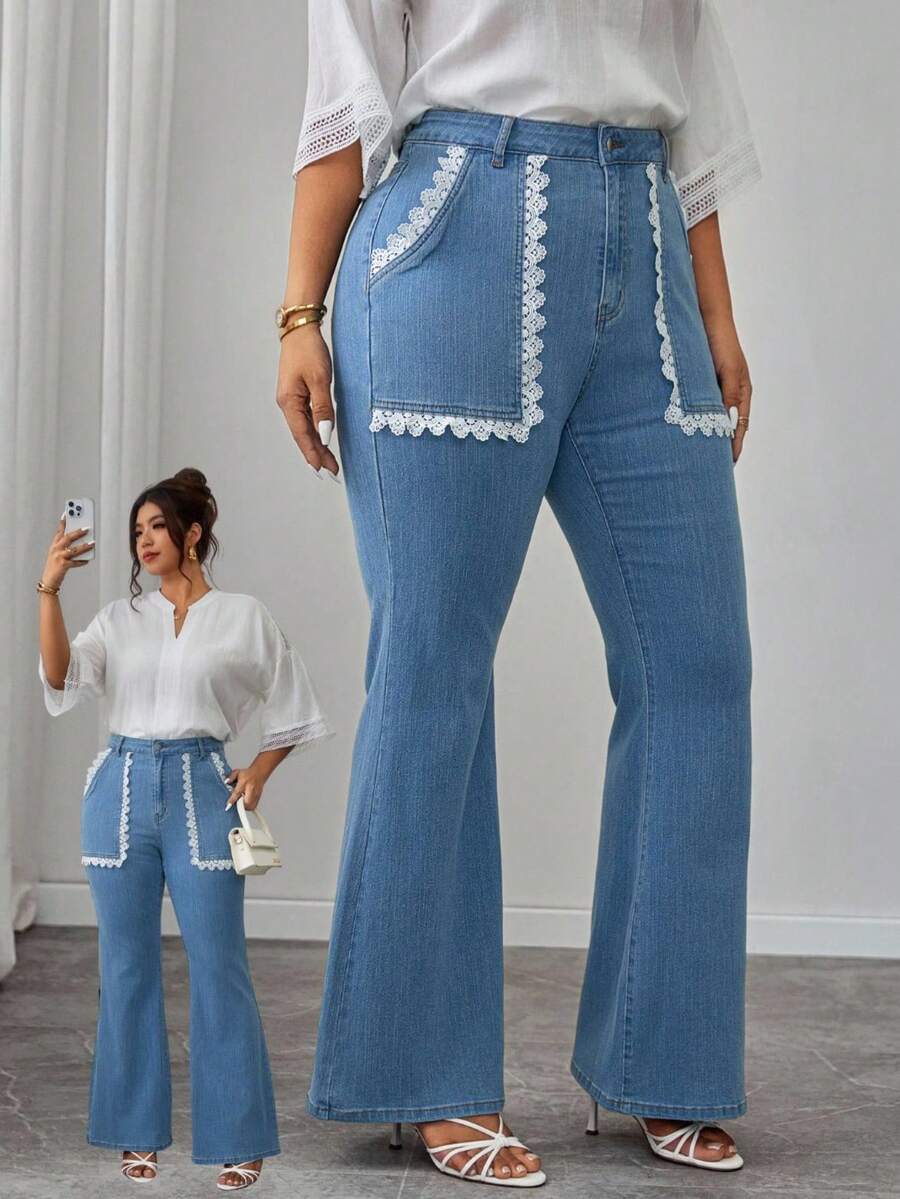 EMERY ROSE Summer Casual Elegant Chic Distressed Wide Leg Light Blue Lace Trim Flare Stretch Denim Daily Wear Going Out Plus Size Women's Elegant Stretch Jeans - Light Wash - View 1