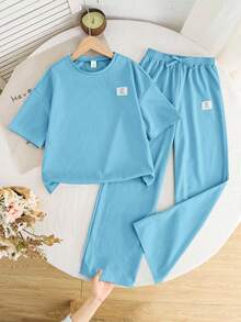 SHEIN 2pcs/Set Tween Girls Casual Loose Comfortable Round Neck Short Sleeve T-Shirt And Pants Set - Blue - View 4
