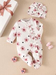 SHEIN Bộ áo liền quần in nơ dễ thương cho bé sơ sinh kèm mũ, hàng mới về mùa thu. - trắng - Xem 2