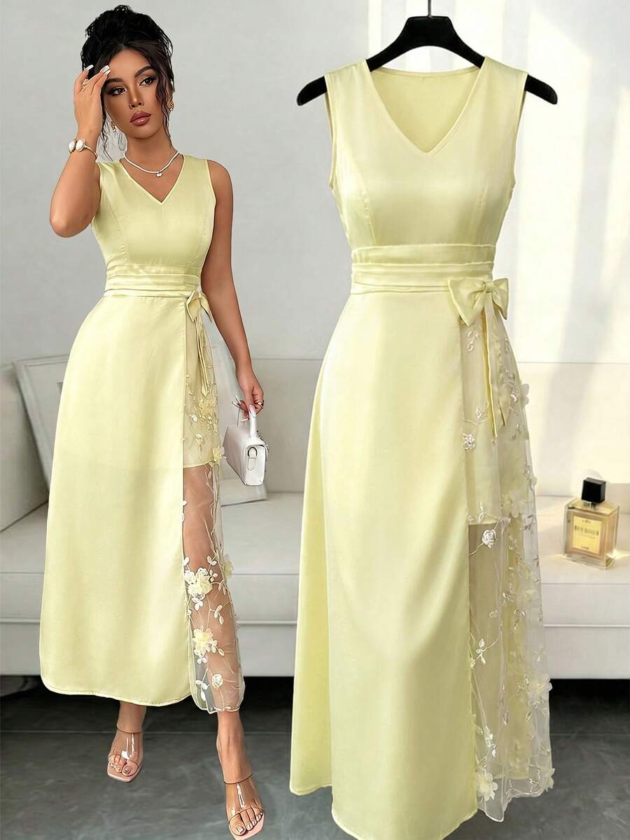 Elenzga Đầm dự tiệc thường ngày dành cho nữ, cổ chữ V, chất liệu lưới, phối họa tiết hoa thêu. - Màu vàng ngỗng - Xem 1