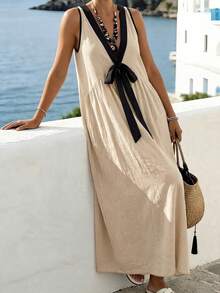 SHEIN Holidaya Đầm nghỉ mát mùa hè 100% cotton kiểu Bohemian, đầm cổ chữ V thiết kế nơ phối màu tương phản thời trang kiểu khu nghỉ dưỡng đảo, chất liệu mềm mại thoải mái, trang phục đi biển cho nữ/đầm hè cho nữ/thích hợp cho mặc hàng ngày, đi nghỉ mát. - Màu Khaki - Xem 7