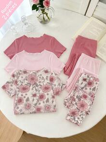 SHEIN Playful Pals 【随机3套，寄送1套】女童睡衣，甜美蜜蜂、草莓、碎花荷叶边圆领短袖上衣和裤子两件套睡衣套装，春夏四季皆宜 - 彩色 - 查看 1