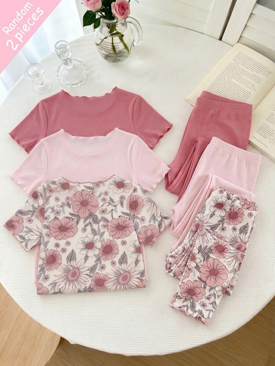 SHEIN Playful Pals 【随机3套,寄送1套】女童睡衣,甜美蜜蜂、草莓、碎花荷叶边圆领短袖上衣和裤子两件套睡衣套装,春夏四季皆宜 - 彩色 - 查看 1