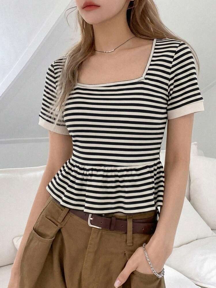 DAZY Camiseta de manga corta con cuello cuadrado, estilo casual coreano a rayas para mujer - Blanco y Negro - Añade 6